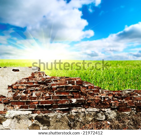 damaged wall and perfect landscape