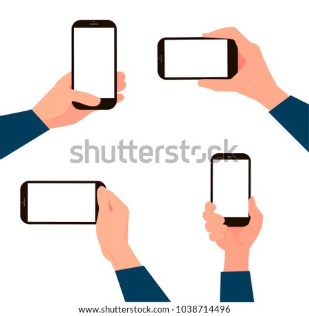 Hand holding black smartphone with empty screen in different poses on the white background. Empty cell phone screen in hands