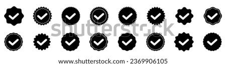 Set of quality mark, checkmark, starburst, sunburst badges. Design elements, sale sticker, price tag. Flat vector illustration