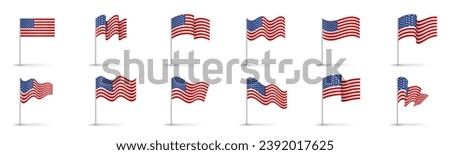 United states flag set, usa symbol, wavy shape flag pole realistic illustration