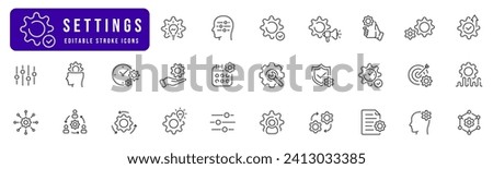 Set of linear icons about settings, preferences or configuration. Elements of gear, wrench, cog, tool symbol. 