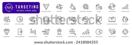 Targeting line icon set. Seo, media,  marketing, conversion, ads, sales, advertising etc. Editable stroke