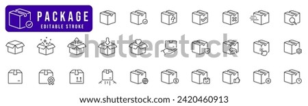 Package line icon set. Box, delivery, cardboard, open box, return, packing etc. Editable stroke