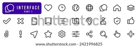 Basic user interface line icon set. Notification, user, share, heart, like, comment etc. Editable stroke