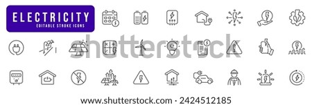 Electricity line icon set. Power, plug, battery, car, warning sign, lamp etc. Editable stroke