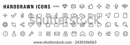 Basic user interface hand drawn line icon big set. Notification, user, share, heart, like, calendar etc. Editable stroke