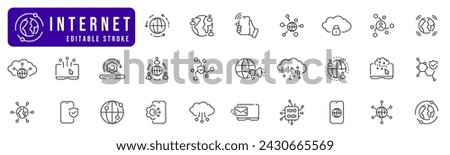 Internet and network line icon set. Globe, users, connection, cloud, acces, security etc. Editable stroke