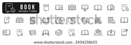 Book line icon set. Library, diary, open book, pages, bookmark, magazine, ebook etc. Editable stroke