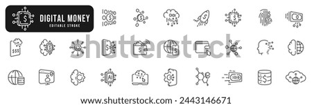 Set of digital money line icons. Money, cloud, dollar, wallet, finance etc. Editable stroke
