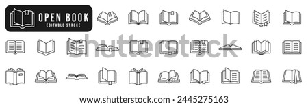 Open book line icon set. Diary, open book, pages, bookmark, magazine etc. Editable stroke
