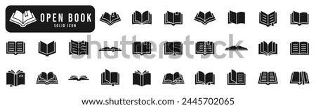 Open book solid icon set. Diary, open book, pages, bookmark, magazine etc.