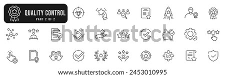 Set of quality control related line icons. Check, review, approve, checkmark etc. Editable stroke