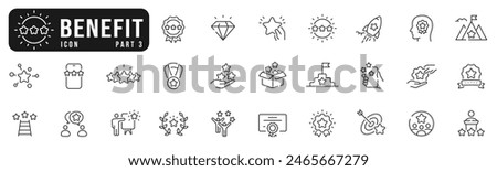 Benefit line icon set 3. Reward, bonus, loyalty, star, winner, award etc. Editable stroke