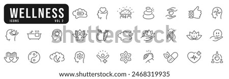 Wellness, wellbeing, mental health, healthcare. Set of line icons. Part 2