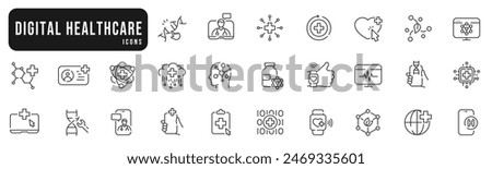 Digital health icons set. Tech, virtual, computing, phone, medicine line icon set. Editable strokes