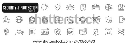 Set of protection and security related line icons. Safety, password, acces, lock, shield etc. Editable stroke