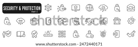 Set of protection and security related line icons. Safety, password, acces, lock, shield etc. Set 3