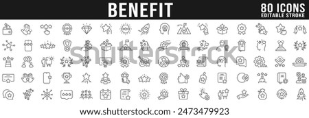 Benefit line icon big set. Reward, bonus, loyalty, star, winner, award, emploee etc. Editable stroke