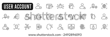 Set of user account related line icons. Profile, avatar, login, password etc. Editable stroke