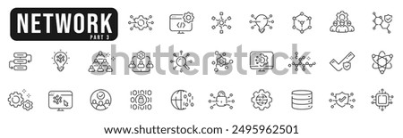 Set of network related line icons. Connection, internet, communication, teamwork, access etc. Editable stroke. Part 3