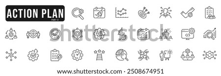 Action plan related line icons set 3. Strategy, plan, action, target, goal etc. Editable stroke