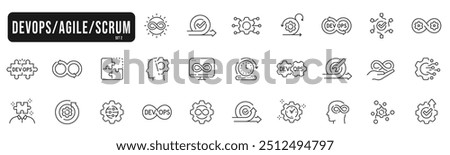 Devops, agile, scrum line icons. Plan, process, monitor, coding, programming etc. Editable stroke. Set 2