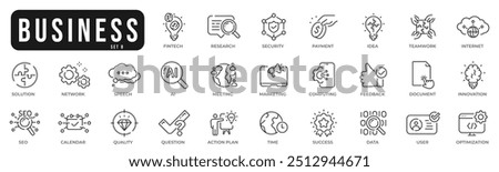 Business related original icons. Network, teamwork, payment, computing, seo, ai etc. Editable stroke. Set 8