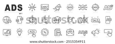 Advertisement line icons. Ads, marketing, promotion, email, click etc. Editable stroke.