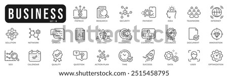 Business related original icons. Network, teamwork, payment, computing, seo, ai etc. Editable stroke. Set 18