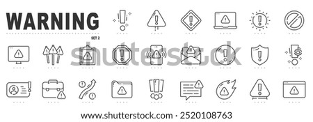 Set of warning related line icons. Alert, caution, danger, error, shield etc. Editable stroke