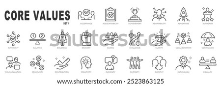 Set of core values related icons. Bravery, collaboration, community, diversity etc. Editable stroke. Set 1