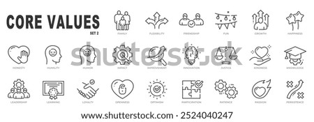 Set of core values related icons. Frendship, improvement, justice, kindness etc. Editable stroke. Set 2