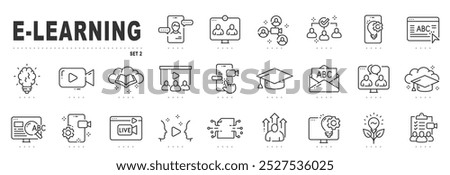 Set of e-learning related line icons. Education, online, seminar, conference etc. Editable stroke. Set 2