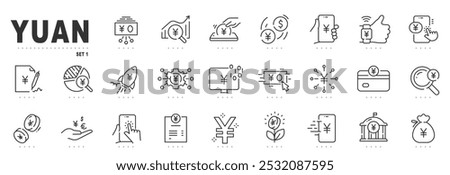 Set of yuan related line icons. Currency, coin, payment, money etc. Editable stroke.