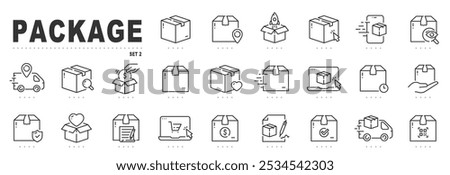 Set of package related line icons. Delivery, parcel, box, cargo etc. Editable stroke. Set 2