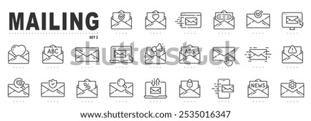 Set of mail related line icons. Envelope, message, email, inbox etc. Editable stroke. Set 2