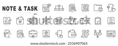 Note and task line icons. Checklist, document, notepad, list etc. Editable stroke. Set 3