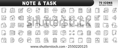 Big set note and task related line icons. Checklist, document, notepad, list etc. Editable stroke