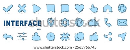 Set of basic interface related line icon. Notification, heart, like, user, share etc. Editable stroke