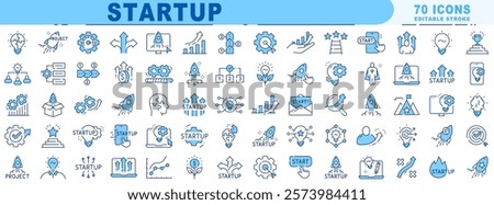 Big set of startup related fill icons. Launch, rocket, project, development etc