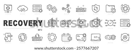 Set of recovery related line icons. Datum, backup, restore, cloud etc. Editable stroke. Set 2