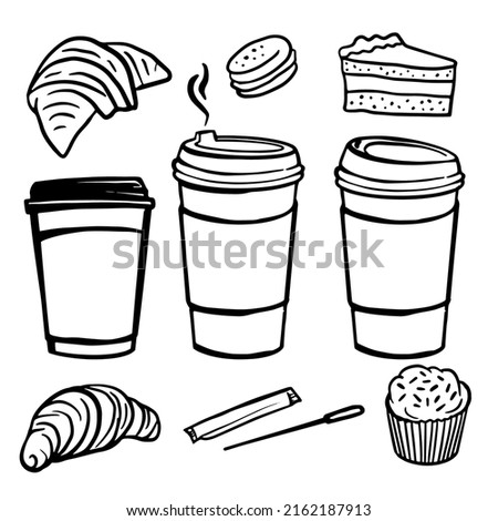 Take away coffee, coffee to go with sweets. Paper takeaway cup with plastic lid line vector illustration on white background. Сroissant, macaron, cheesecake, cupcake hand drawn illustrations.