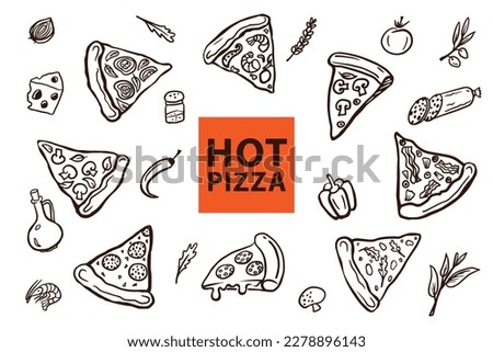 Hot pizza poster. Pizza slices and Ingredients vector pattern with text. Doodle outline illustration for poster, package, interior or menu design.