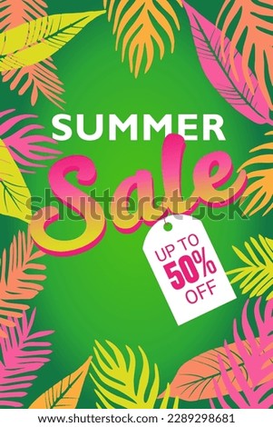 Summer sale tropical background with palm leaves and 50% off tag. Bright vertical sale concept for poster, web baner design.