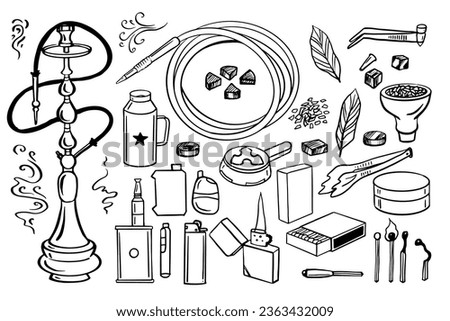 Hookah accessories sketch set.  Hookah hose, vapes, tongs, hookah bowl with aromatic tobacco. Smoking accessories for hookah lounge, tabacco shop posters, labels, flyer design. Vector doodle outline