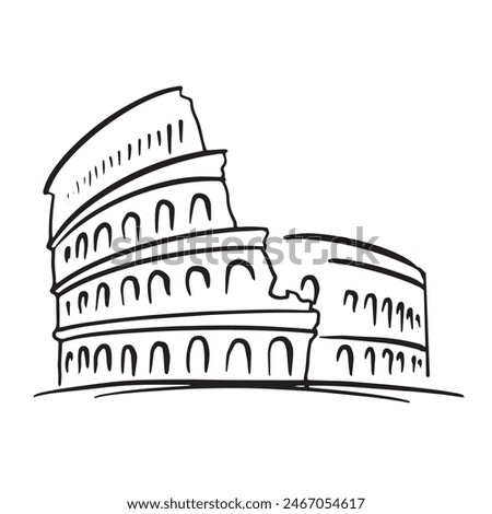 coliseum illustration. Doodle, Sketch, line art vector isolated on white. Outline icon for traveling, tourism, attractions, architecture poster, banner, card, souvenir. Tourism, Italy, Roman symbol