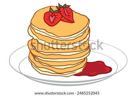 tall Stack of Buttery Pancakes Topped With Strawberries, Syrup. golden brown pancakes, white plate, two red strawberries vector isolated doodle illustration for cafe, restaurant menu, recipe, cookbook