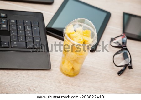 Healthy Fruit Lunch Box On Working Desk