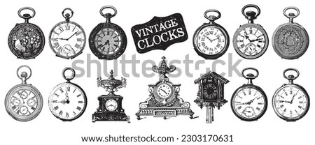 Vintage Clocks Engraving. Mechanism Pocket Watch. Retro Dial Set. Clock Faces. Old Style Clocks Watchface with Roman Numerals, Ornate Watch, Antic Watches Design. Antique Elegant Hour Time Clock. 