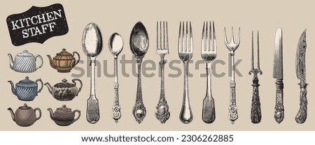 Title: Engraved Vintage Cutlery. Breakfast Victorian Silver Utensil. Dining Kitchen Dishware. Table Menu Vector Sketch. Hand Drawing Silverware. Engraved Teapot.